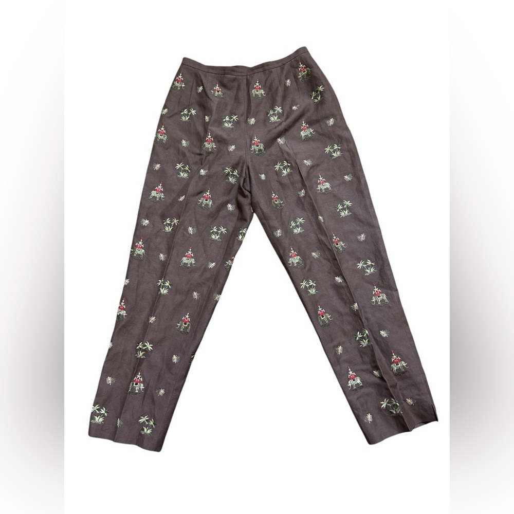 Talbots Petites Brown silk/linen blend cropped Trousers elephants embroidered 6‎